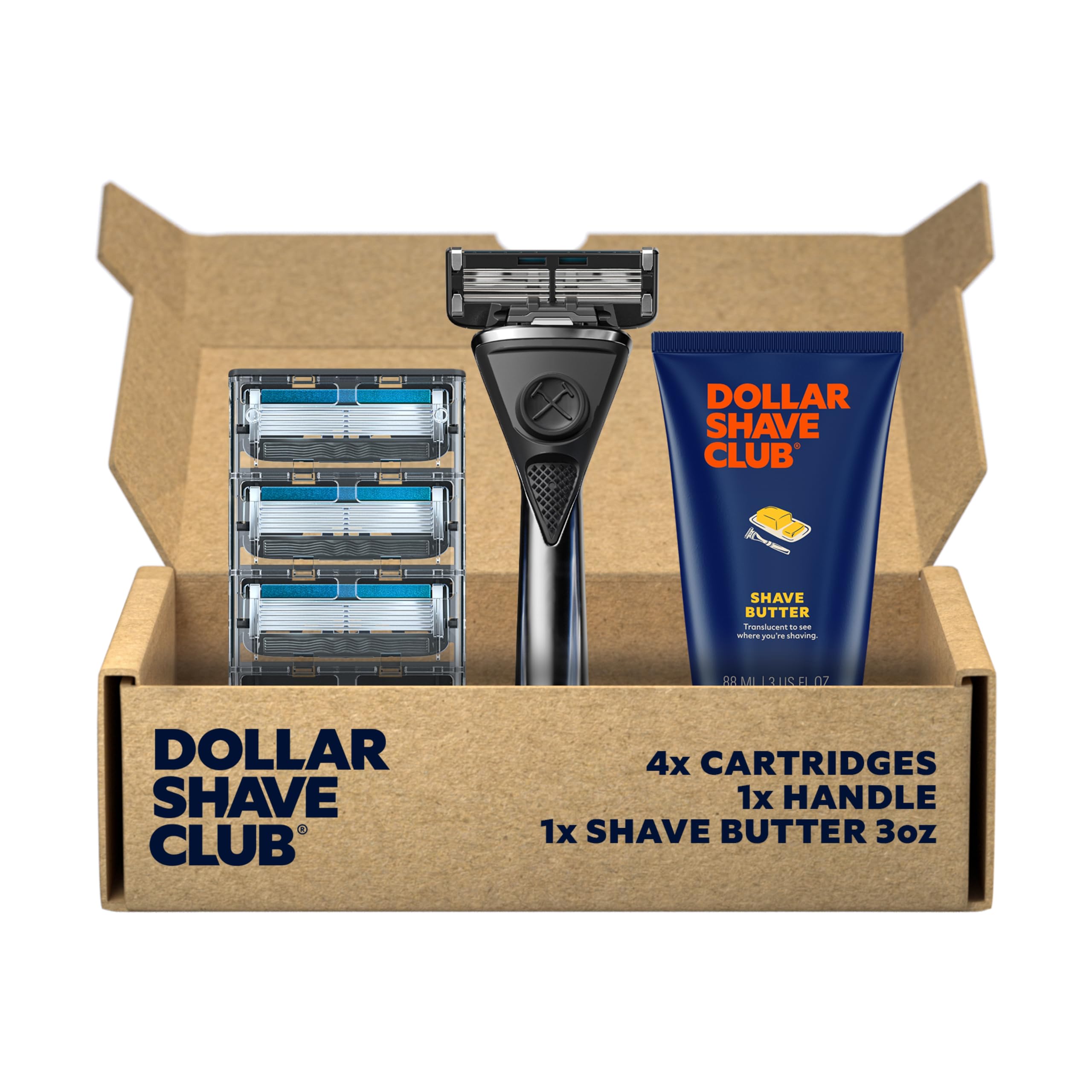 Dollar Shave Club | Heavy Metal Handle Shave Set with Shave Butter | 4 Extra Close Refill Cartridges 1 Heavy Metal Handle 1 Shave Butter 3 ounce