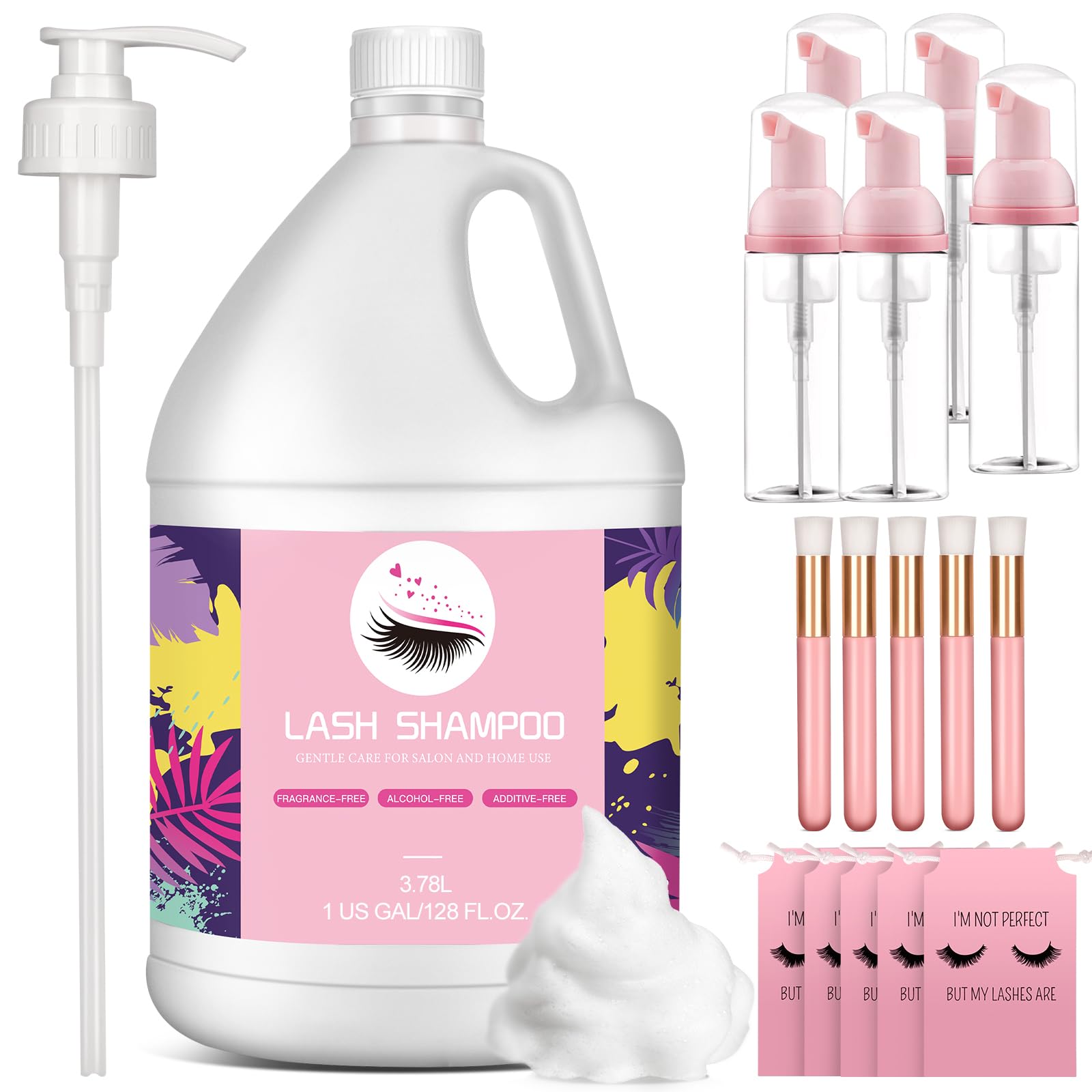 Buqikma Lash Shampoo Bulk - 3.78L Eyelash Shampoo Gentle Lash Cleanser with Dispenser Pump and 5 Lash Shampoo Bottles5 Bags5 BrushesLash Extension Shampoo Lash Bath for Salon Home Use